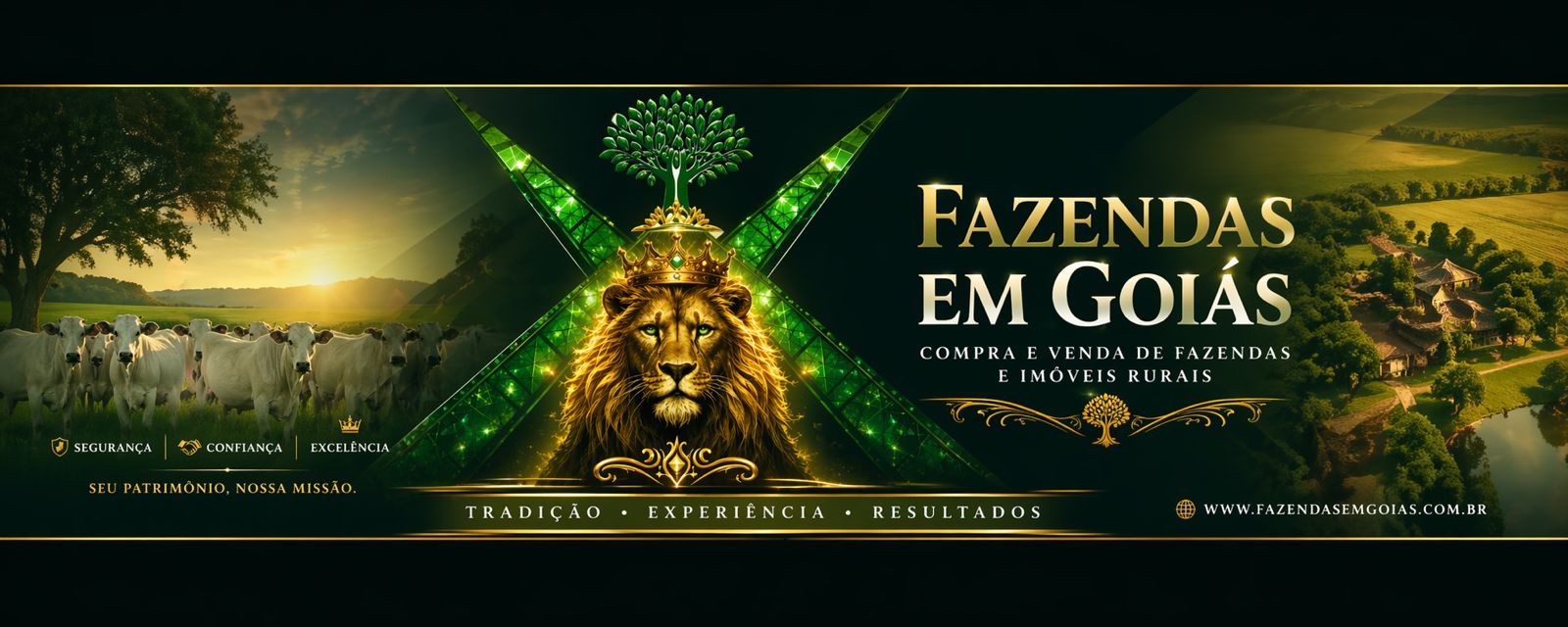 Banner institucional Fazendas em Goiás com gado, leão e paisagem rural em Goiás