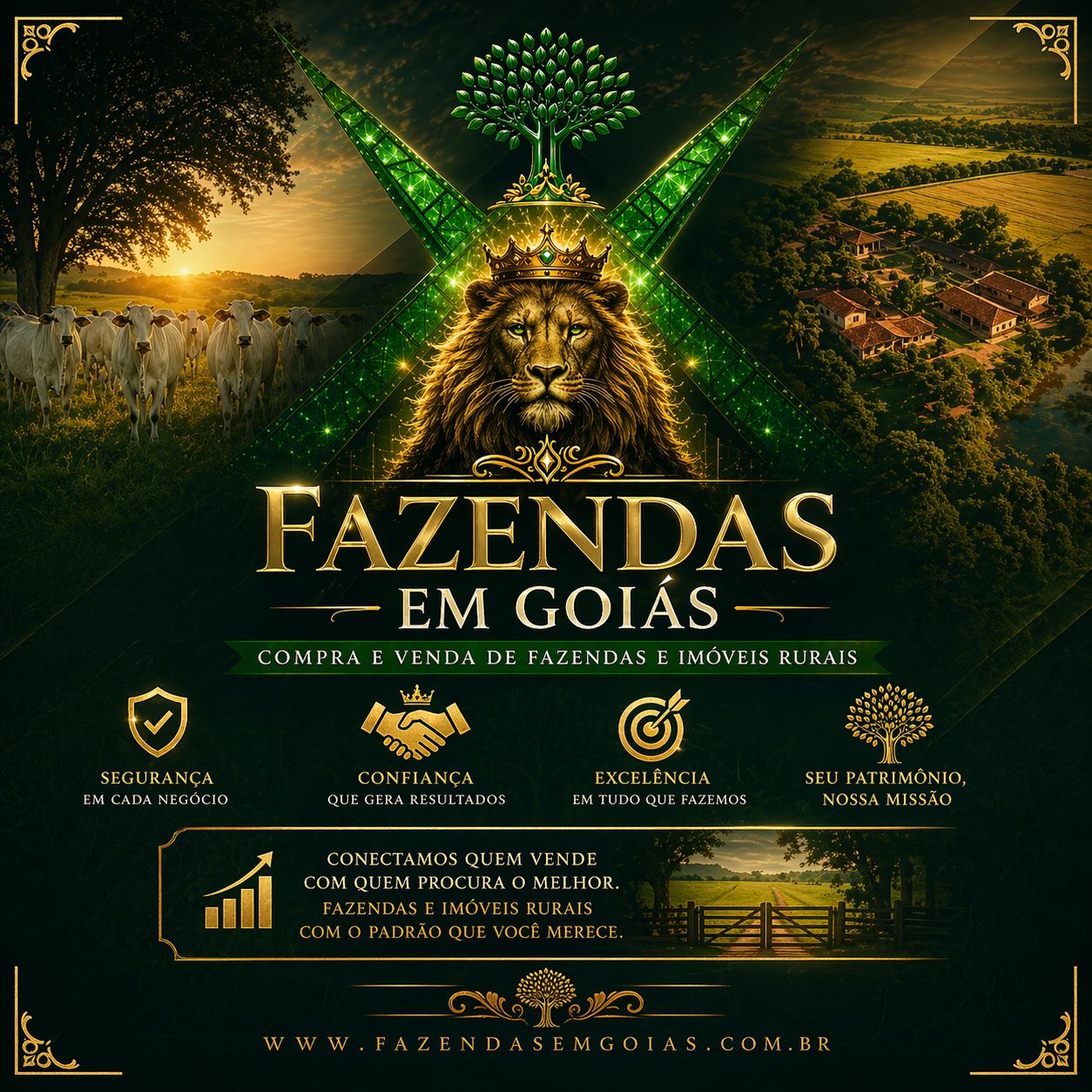 Peça institucional Fazendas em Goiás com leão, gado e chamada para compra e venda de fazendas