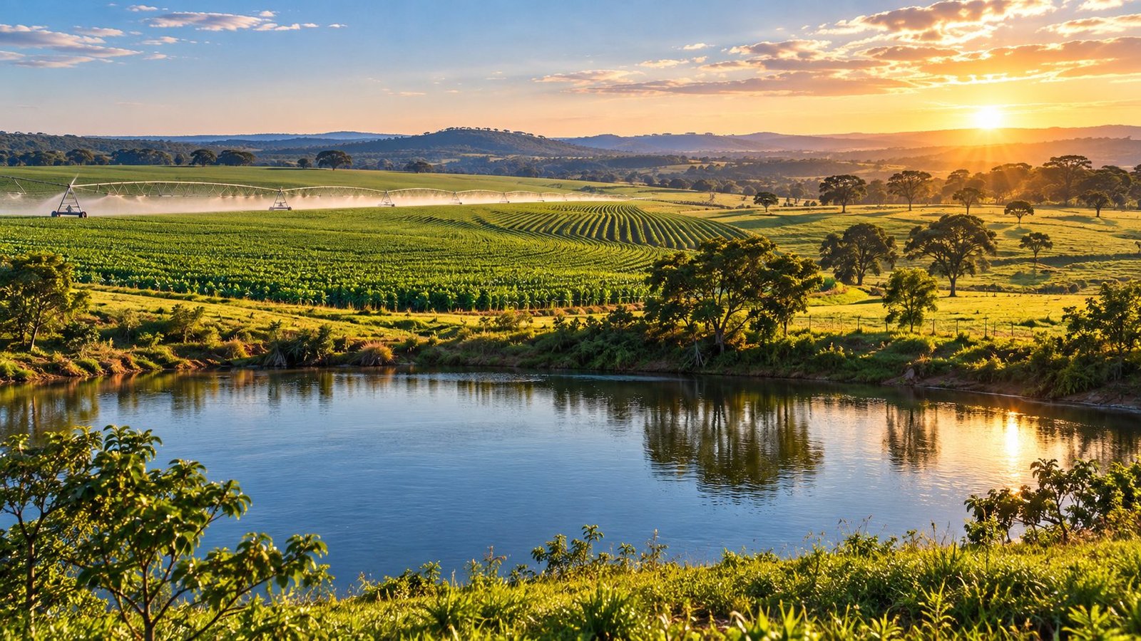 Paisagem ilustrativa sobre água e irrigação em propriedade rural de Goiás