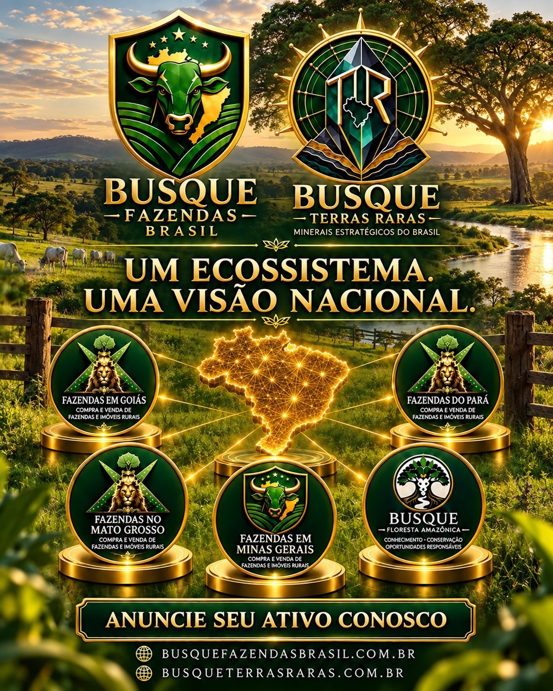 Arte institucional que apresenta o ecossistema de portais Busque Fazendas Brasil e portais regionais de imóveis rurais